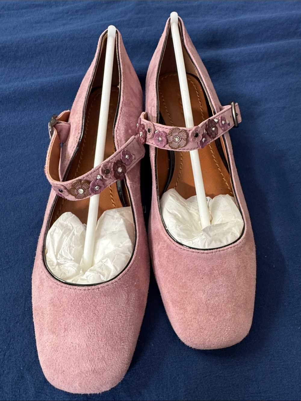 Coach Pink Suede Mary Jane Flats with Floral Strap